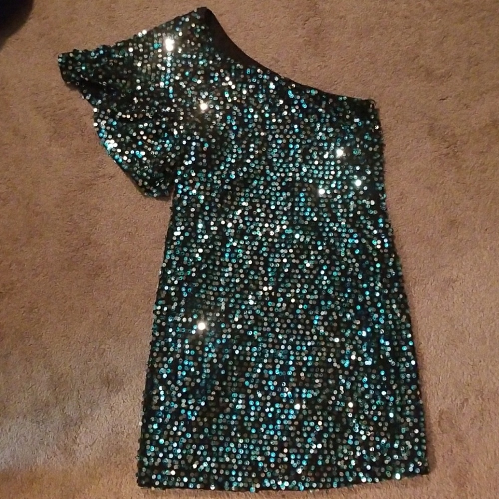 Turquoise and black sequin cocktail dress